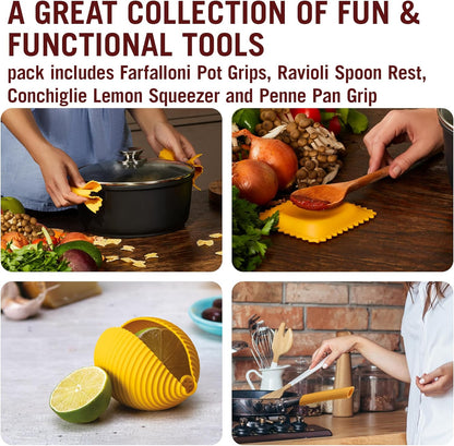 Monkey Business Silicone Kitchen Tools in Gift Box/ 4 Big Pasta shaped kitchen gadgets/Farfalloni Pot Grips, Ravioli Spoon Rest, Conchiglie Lemon Squeezer and Penne Pan Grip/Pasta Grande No. 4