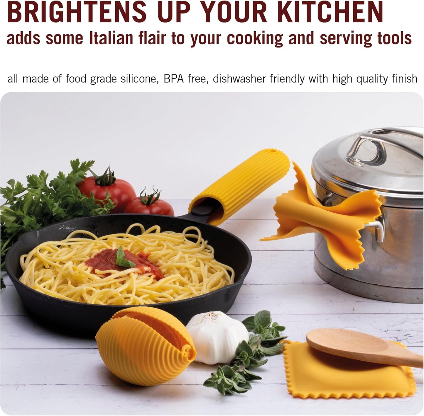 Monkey Business Silicone Kitchen Tools in Gift Box/ 4 Big Pasta shaped kitchen gadgets/Farfalloni Pot Grips, Ravioli Spoon Rest, Conchiglie Lemon Squeezer and Penne Pan Grip/Pasta Grande No. 4