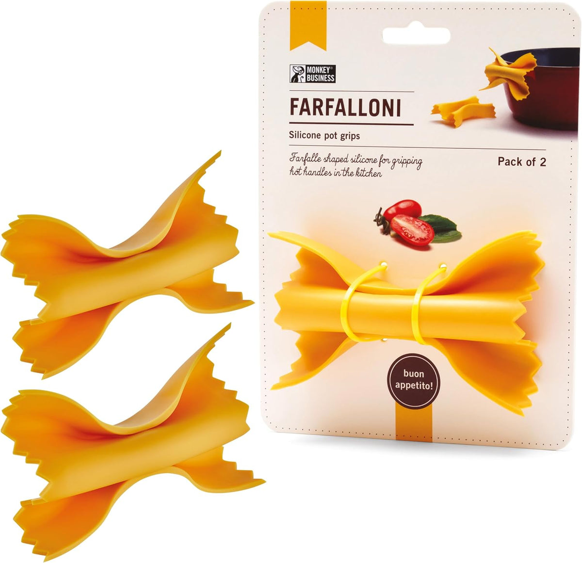 Monkey Business Silicone Kitchen Tools in Gift Box/ 4 Big Pasta shaped kitchen gadgets/Farfalloni Pot Grips, Ravioli Spoon Rest, Conchiglie Lemon Squeezer and Penne Pan Grip/Pasta Grande No. 4