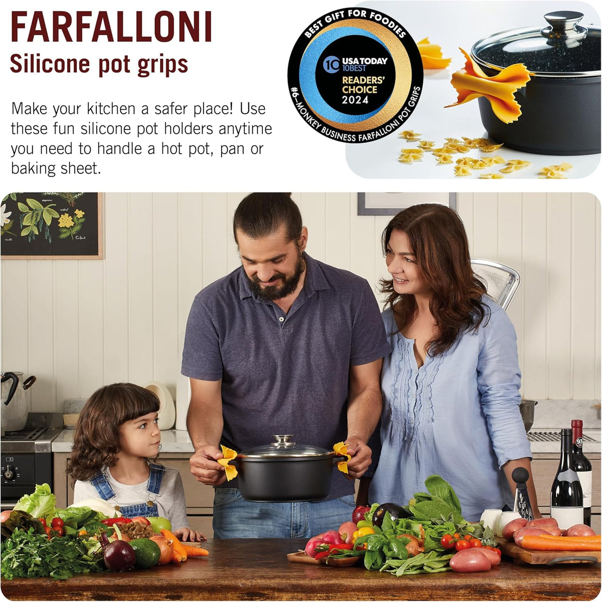 Monkey Business Silicone Kitchen Tools in Gift Box/ 4 Big Pasta shaped kitchen gadgets/Farfalloni Pot Grips, Ravioli Spoon Rest, Conchiglie Lemon Squeezer and Penne Pan Grip/Pasta Grande No. 4