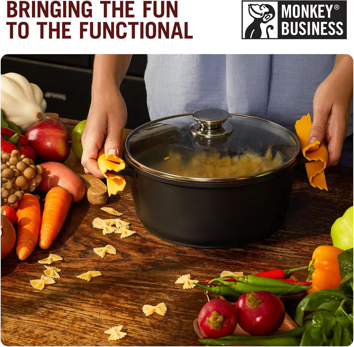 Monkey Business Silicone Kitchen Tools in Gift Box/ 4 Big Pasta shaped kitchen gadgets/Farfalloni Pot Grips, Ravioli Spoon Rest, Conchiglie Lemon Squeezer and Penne Pan Grip/Pasta Grande No. 4