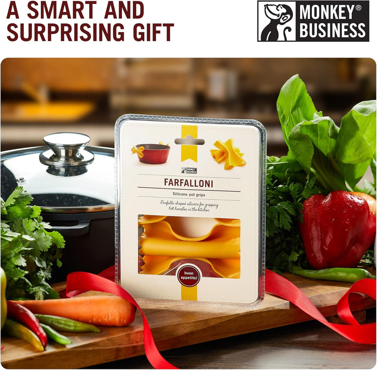 Monkey Business Silicone Kitchen Tools in Gift Box/ 4 Big Pasta shaped kitchen gadgets/Farfalloni Pot Grips, Ravioli Spoon Rest, Conchiglie Lemon Squeezer and Penne Pan Grip/Pasta Grande No. 4