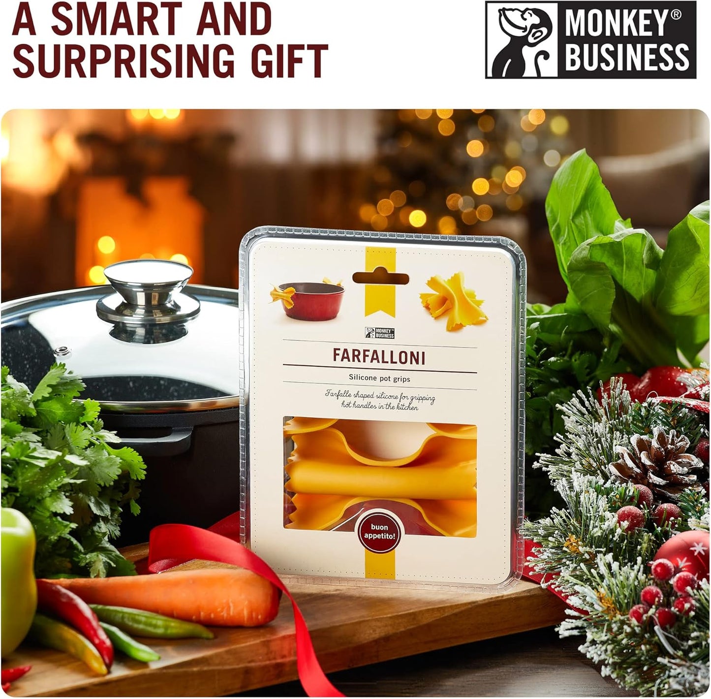 Monkey Business Silicone Kitchen Tools in Gift Box/ 4 Big Pasta shaped kitchen gadgets/Farfalloni Pot Grips, Ravioli Spoon Rest, Conchiglie Lemon Squeezer and Penne Pan Grip/Pasta Grande No. 4
