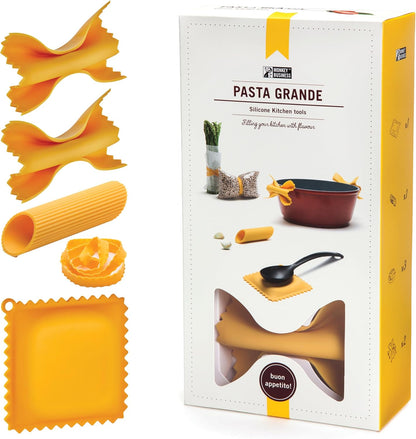 Monkey Business Silicone Kitchen Tools in Gift Box/ 4 Big Pasta shaped kitchen gadgets/Farfalloni Pot Grips, Ravioli Spoon Rest, Conchiglie Lemon Squeezer and Penne Pan Grip/Pasta Grande No. 4