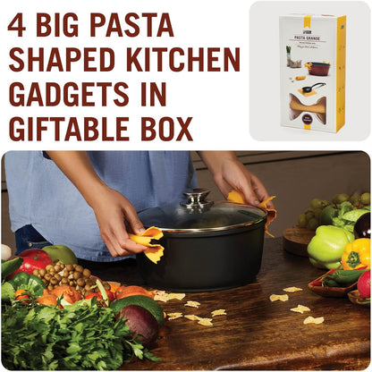 Monkey Business Silicone Kitchen Tools in Gift Box/ 4 Big Pasta shaped kitchen gadgets/Farfalloni Pot Grips, Ravioli Spoon Rest, Conchiglie Lemon Squeezer and Penne Pan Grip/Pasta Grande No. 4