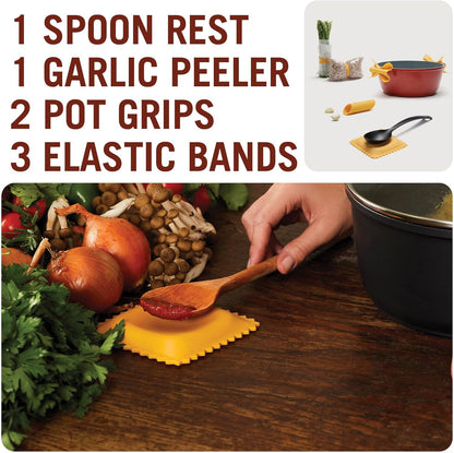 Monkey Business Silicone Kitchen Tools in Gift Box/ 4 Big Pasta shaped kitchen gadgets/Farfalloni Pot Grips, Ravioli Spoon Rest, Conchiglie Lemon Squeezer and Penne Pan Grip/Pasta Grande No. 4