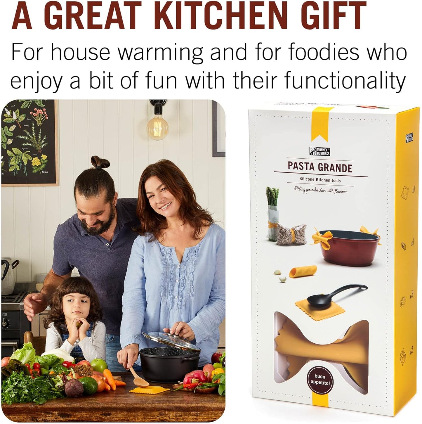 Monkey Business Silicone Kitchen Tools in Gift Box/ 4 Big Pasta shaped kitchen gadgets/Farfalloni Pot Grips, Ravioli Spoon Rest, Conchiglie Lemon Squeezer and Penne Pan Grip/Pasta Grande No. 4