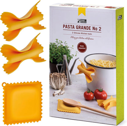 Monkey Business Silicone Kitchen Tools in Gift Box/ 4 Big Pasta shaped kitchen gadgets/Farfalloni Pot Grips, Ravioli Spoon Rest, Conchiglie Lemon Squeezer and Penne Pan Grip/Pasta Grande No. 4