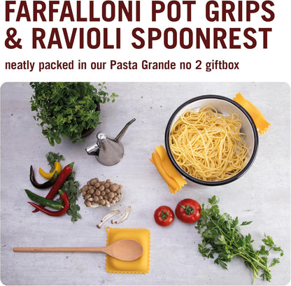 Monkey Business Silicone Kitchen Tools in Gift Box/ 4 Big Pasta shaped kitchen gadgets/Farfalloni Pot Grips, Ravioli Spoon Rest, Conchiglie Lemon Squeezer and Penne Pan Grip/Pasta Grande No. 4