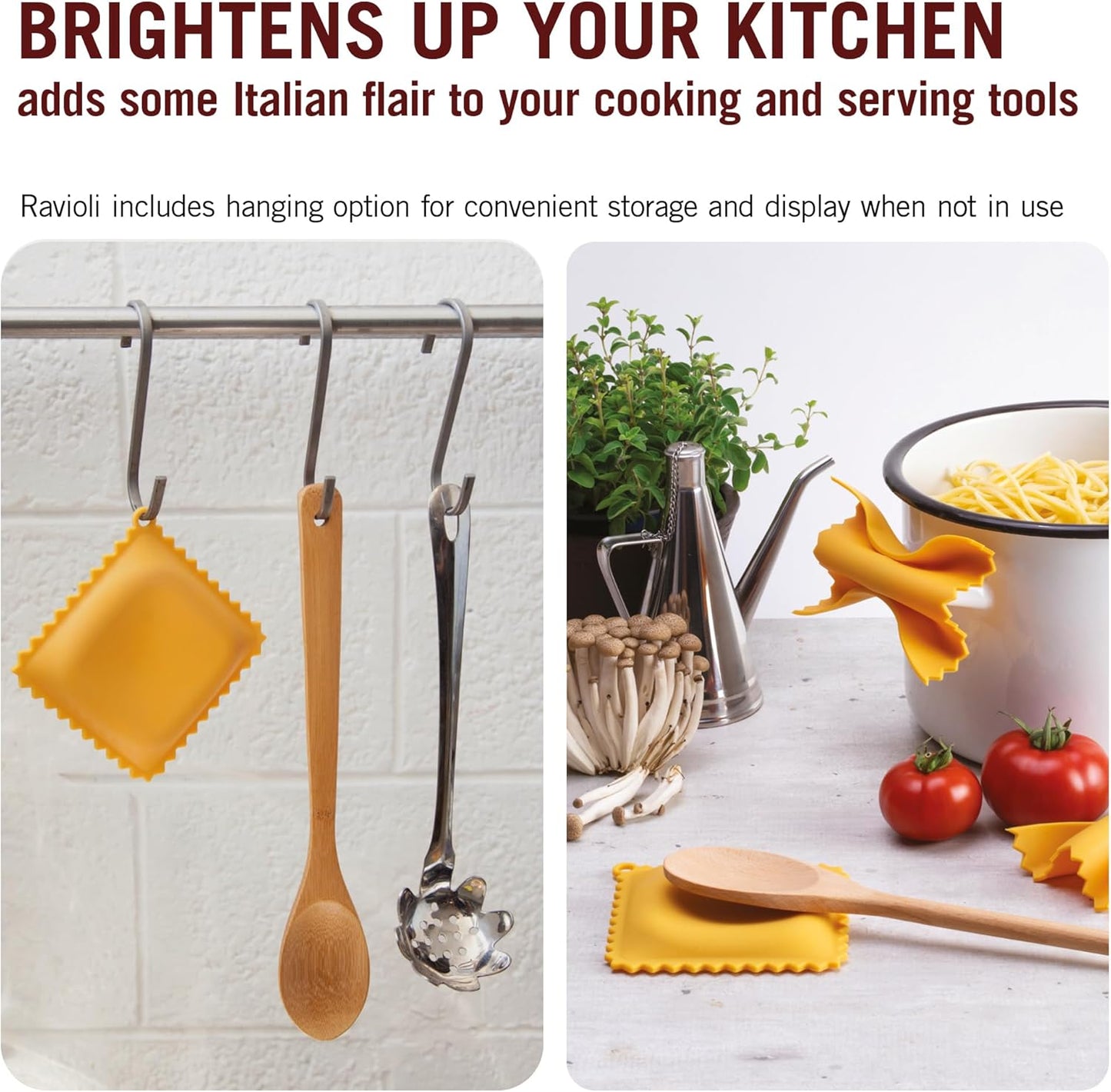 Monkey Business Silicone Kitchen Tools in Gift Box/ 4 Big Pasta shaped kitchen gadgets/Farfalloni Pot Grips, Ravioli Spoon Rest, Conchiglie Lemon Squeezer and Penne Pan Grip/Pasta Grande No. 4
