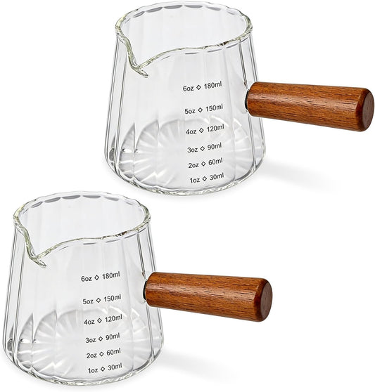 2pcs Espresso Measuring Cups, 6oz Transparent Espresso Shot Glass Measuring Cup with Wood Handle & V-Shaped Spout for Coffee Milk Tea Liquid Serving Bar Accessories