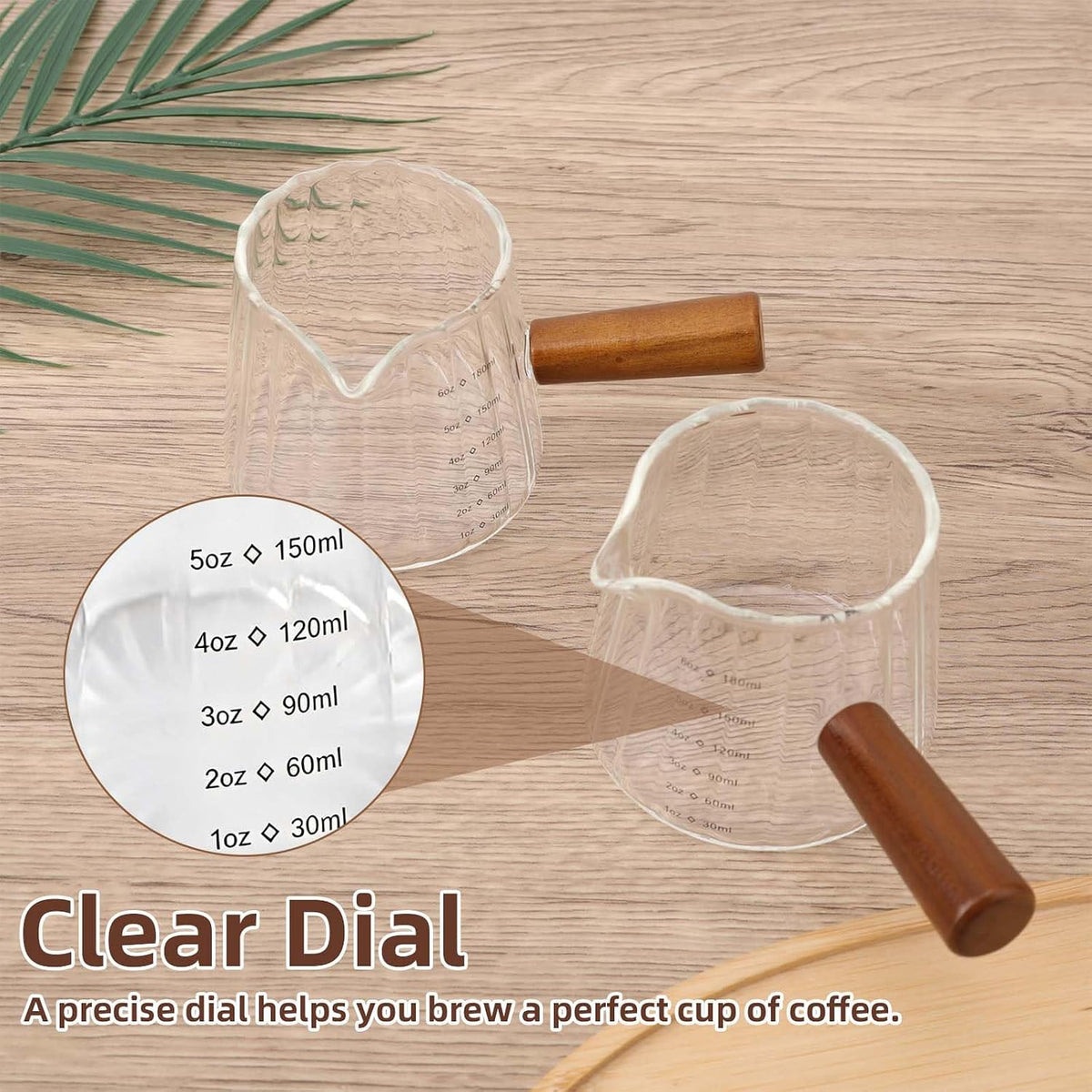 2pcs Espresso Measuring Cups, 6oz Transparent Espresso Shot Glass Measuring Cup with Wood Handle & V-Shaped Spout for Coffee Milk Tea Liquid Serving Bar Accessories