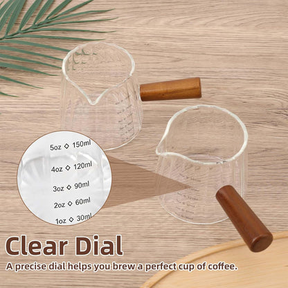 2pcs Espresso Measuring Cups, 6oz Transparent Espresso Shot Glass Measuring Cup with Wood Handle & V-Shaped Spout for Coffee Milk Tea Liquid Serving Bar Accessories