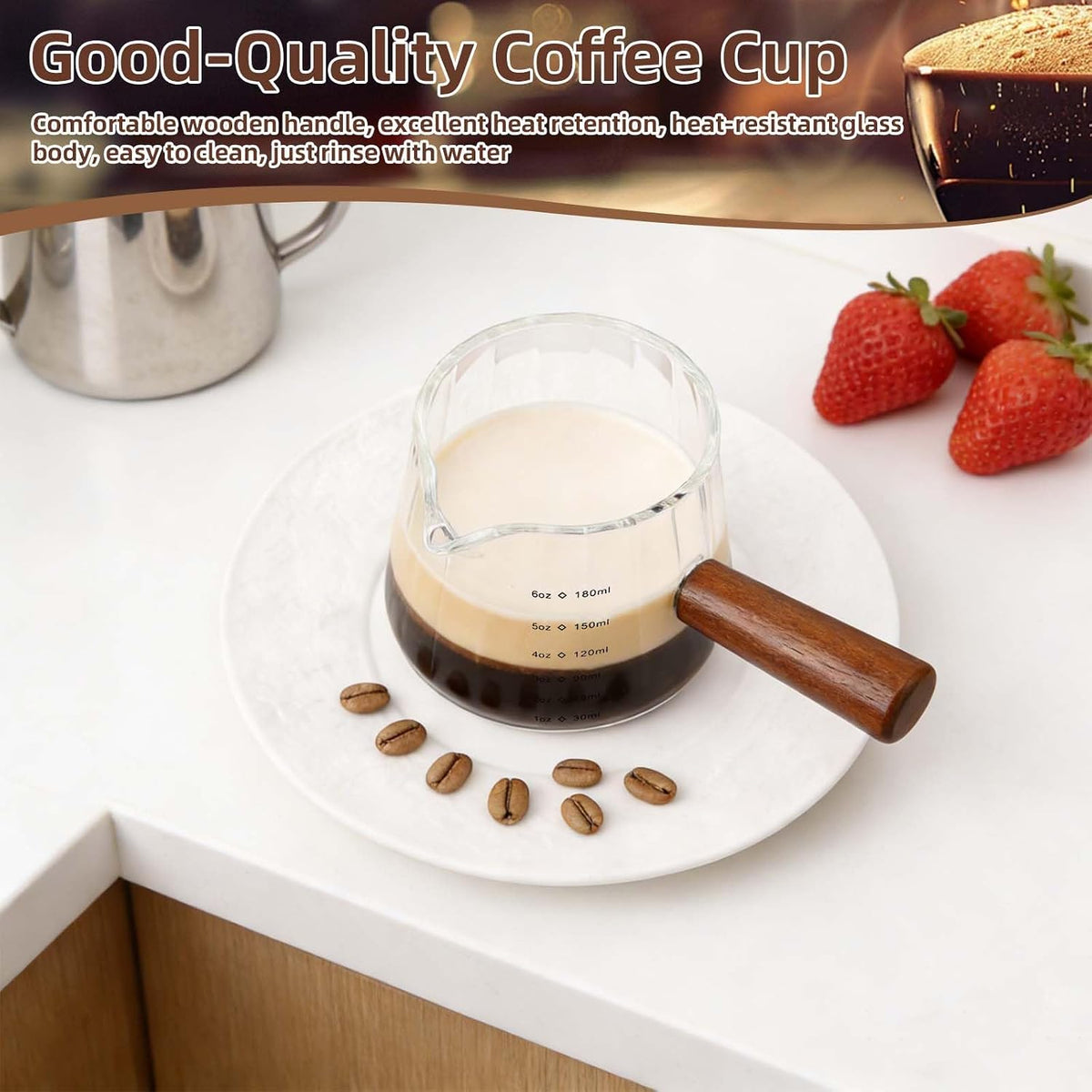 2pcs Espresso Measuring Cups, 6oz Transparent Espresso Shot Glass Measuring Cup with Wood Handle & V-Shaped Spout for Coffee Milk Tea Liquid Serving Bar Accessories