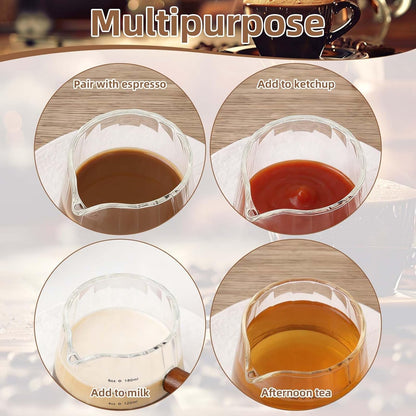 2pcs Espresso Measuring Cups, 6oz Transparent Espresso Shot Glass Measuring Cup with Wood Handle & V-Shaped Spout for Coffee Milk Tea Liquid Serving Bar Accessories