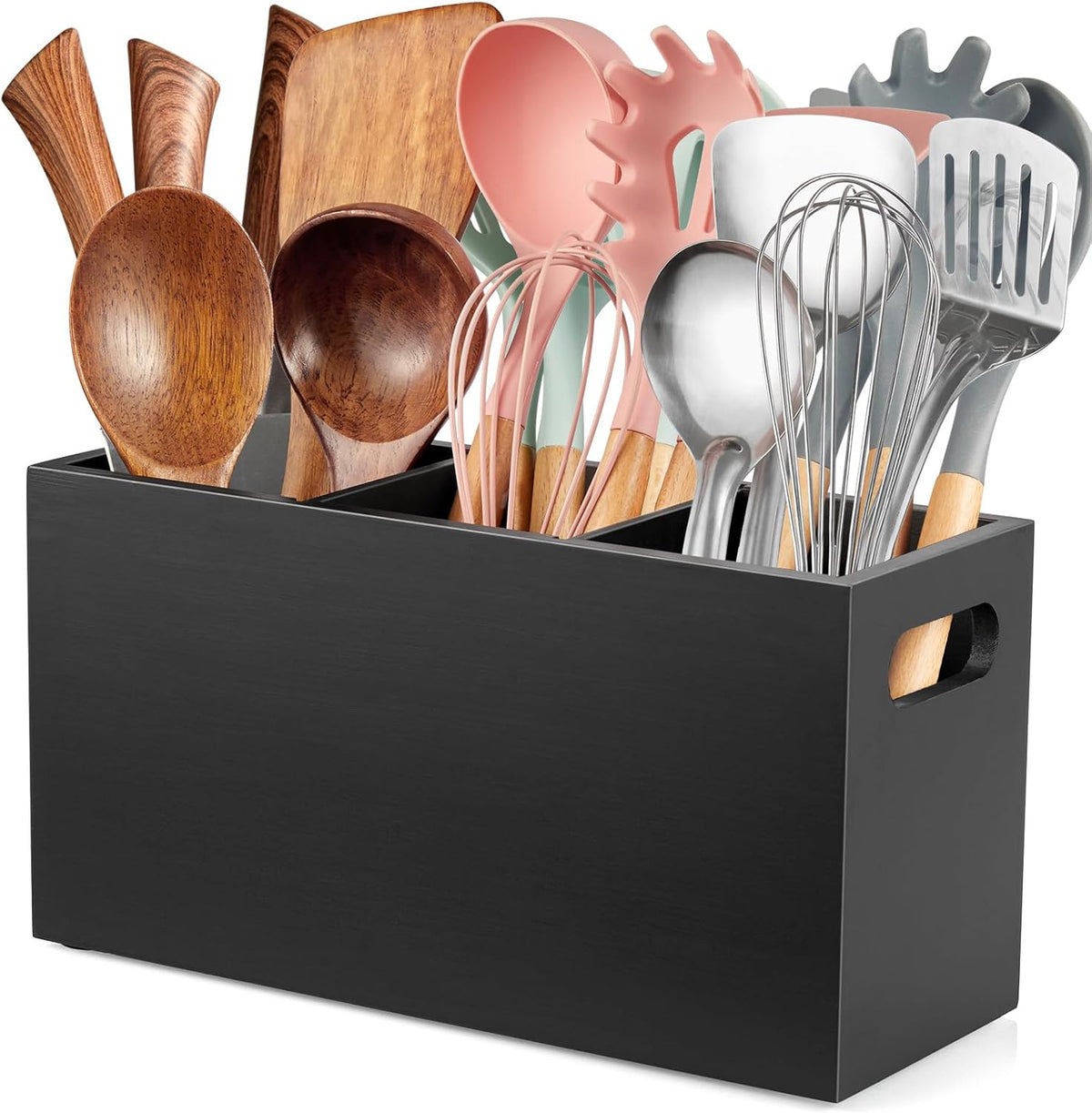 Black Kitchen Utensil Holder for Countertop - Wooden Large Utensil Caddy Organizer for Counter - 3 Compartment Cooking Utensil Crock for Silverware Spoon Spatula