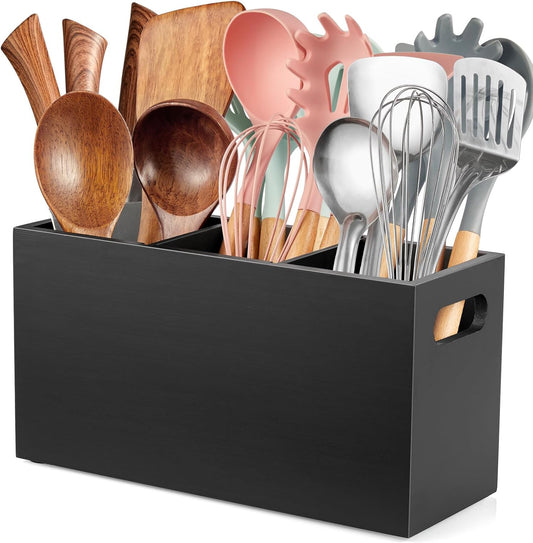 Black Kitchen Utensil Holder for Countertop - Wooden Large Utensil Caddy Organizer for Counter - 3 Compartment Cooking Utensil Crock for Silverware Spoon Spatula