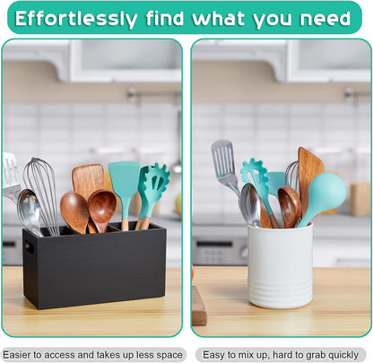 Black Kitchen Utensil Holder for Countertop - Wooden Large Utensil Caddy Organizer for Counter - 3 Compartment Cooking Utensil Crock for Silverware Spoon Spatula
