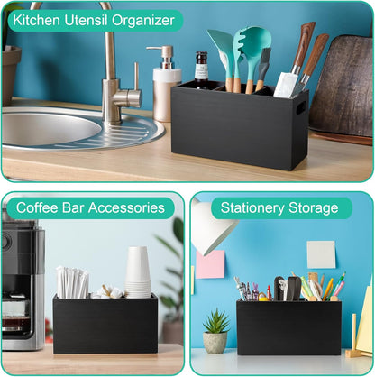 Black Kitchen Utensil Holder for Countertop - Wooden Large Utensil Caddy Organizer for Counter - 3 Compartment Cooking Utensil Crock for Silverware Spoon Spatula