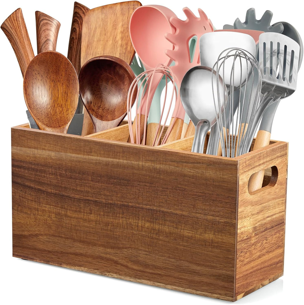 Black Kitchen Utensil Holder for Countertop - Wooden Large Utensil Caddy Organizer for Counter - 3 Compartment Cooking Utensil Crock for Silverware Spoon Spatula