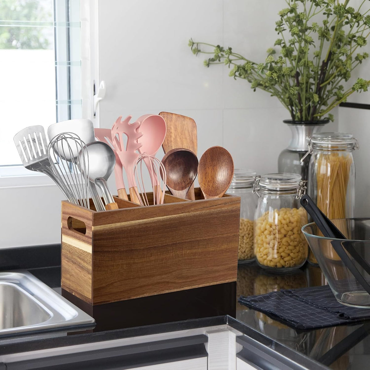 Black Kitchen Utensil Holder for Countertop - Wooden Large Utensil Caddy Organizer for Counter - 3 Compartment Cooking Utensil Crock for Silverware Spoon Spatula