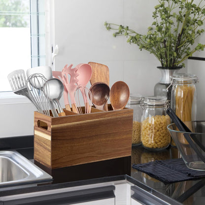 Black Kitchen Utensil Holder for Countertop - Wooden Large Utensil Caddy Organizer for Counter - 3 Compartment Cooking Utensil Crock for Silverware Spoon Spatula