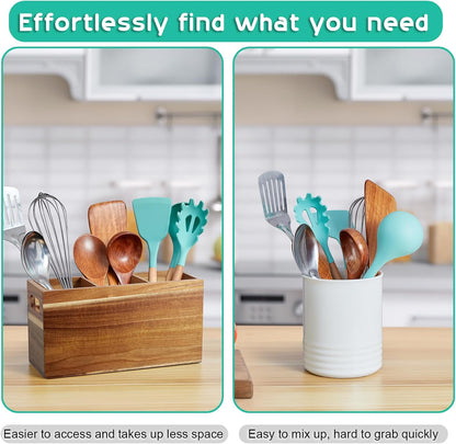 Black Kitchen Utensil Holder for Countertop - Wooden Large Utensil Caddy Organizer for Counter - 3 Compartment Cooking Utensil Crock for Silverware Spoon Spatula