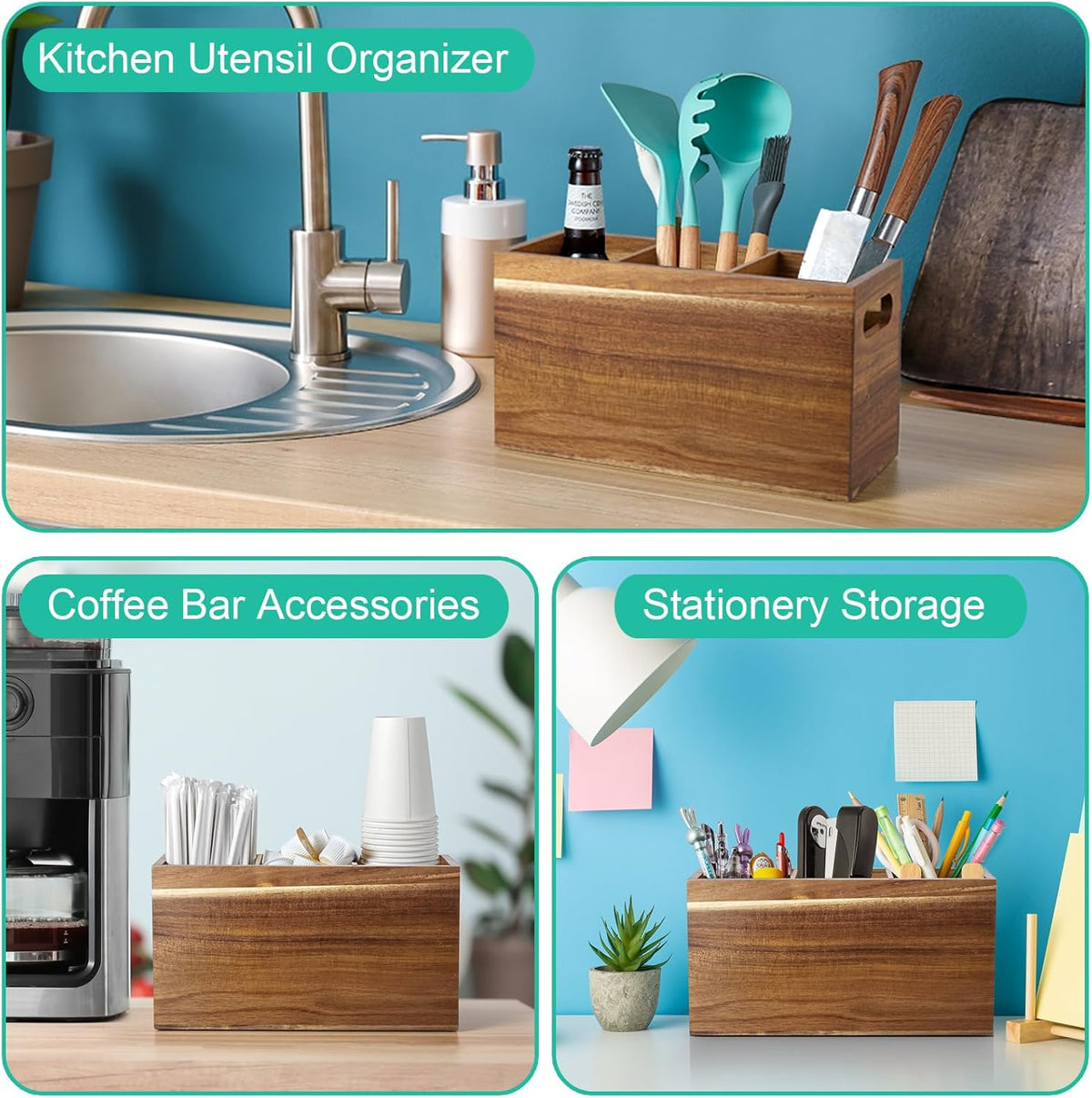 Black Kitchen Utensil Holder for Countertop - Wooden Large Utensil Caddy Organizer for Counter - 3 Compartment Cooking Utensil Crock for Silverware Spoon Spatula