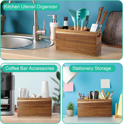 Black Kitchen Utensil Holder for Countertop - Wooden Large Utensil Caddy Organizer for Counter - 3 Compartment Cooking Utensil Crock for Silverware Spoon Spatula