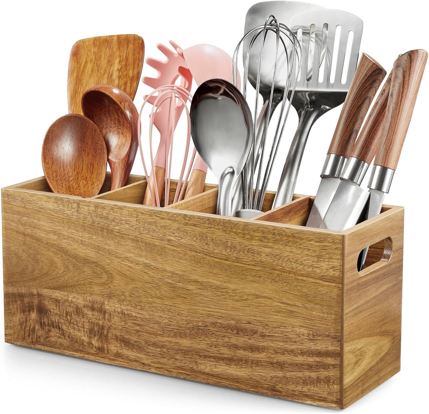 Black Kitchen Utensil Holder for Countertop - Wooden Large Utensil Caddy Organizer for Counter - 3 Compartment Cooking Utensil Crock for Silverware Spoon Spatula