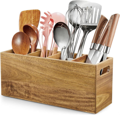 Black Kitchen Utensil Holder for Countertop - Wooden Large Utensil Caddy Organizer for Counter - 3 Compartment Cooking Utensil Crock for Silverware Spoon Spatula