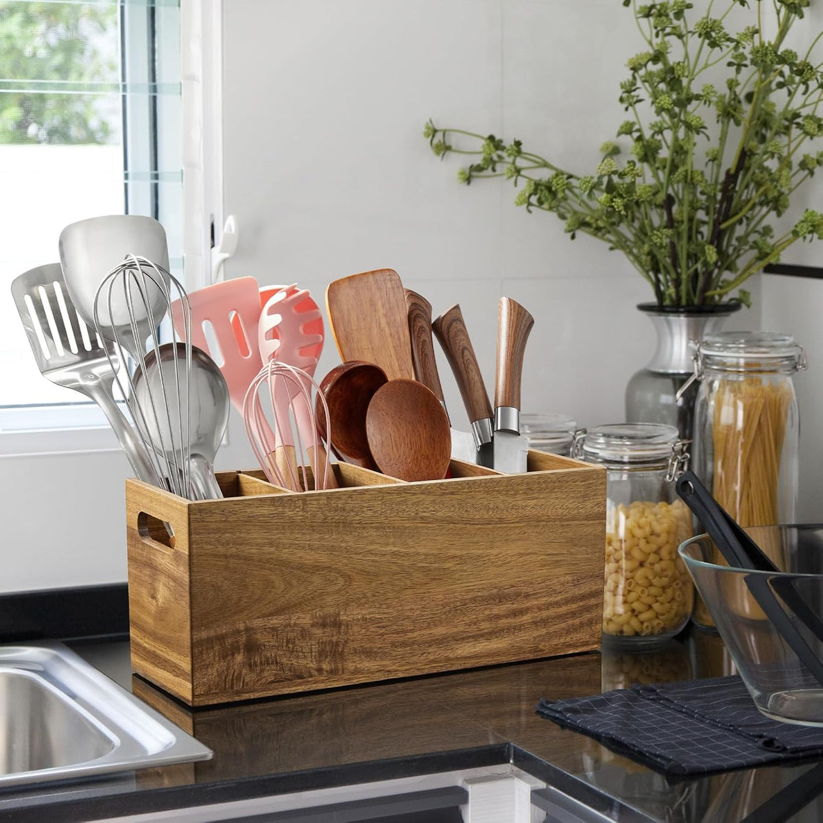 Black Kitchen Utensil Holder for Countertop - Wooden Large Utensil Caddy Organizer for Counter - 3 Compartment Cooking Utensil Crock for Silverware Spoon Spatula