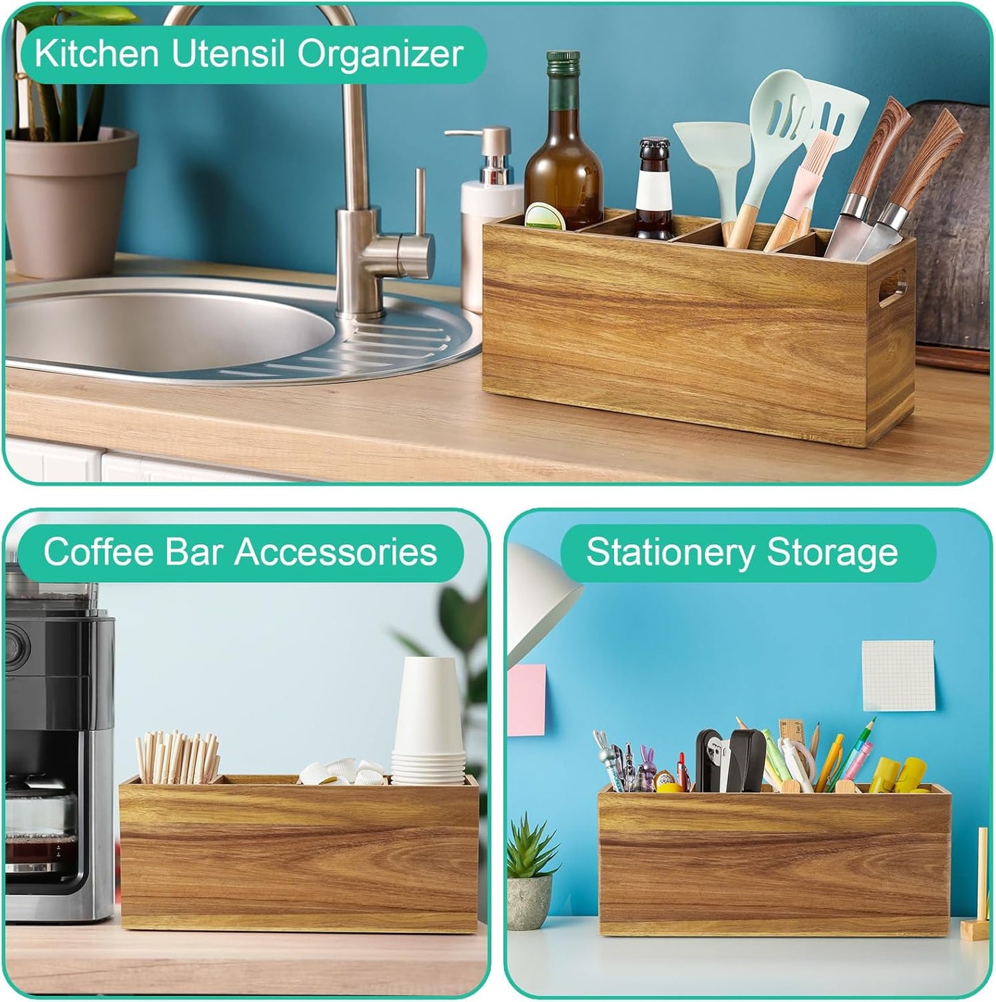 Black Kitchen Utensil Holder for Countertop - Wooden Large Utensil Caddy Organizer for Counter - 3 Compartment Cooking Utensil Crock for Silverware Spoon Spatula