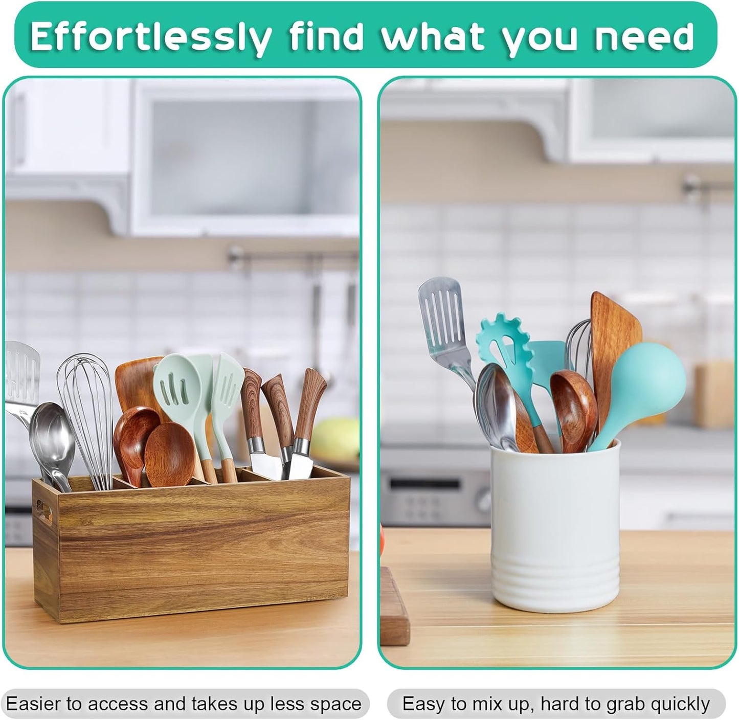 Black Kitchen Utensil Holder for Countertop - Wooden Large Utensil Caddy Organizer for Counter - 3 Compartment Cooking Utensil Crock for Silverware Spoon Spatula