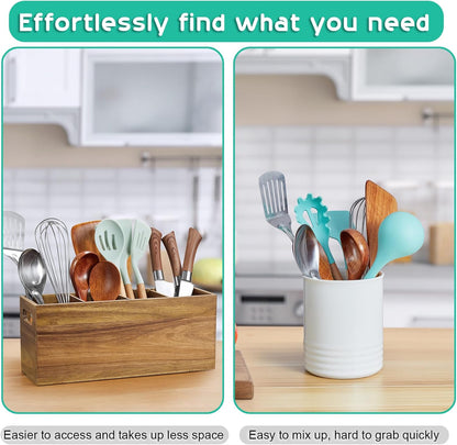 Black Kitchen Utensil Holder for Countertop - Wooden Large Utensil Caddy Organizer for Counter - 3 Compartment Cooking Utensil Crock for Silverware Spoon Spatula