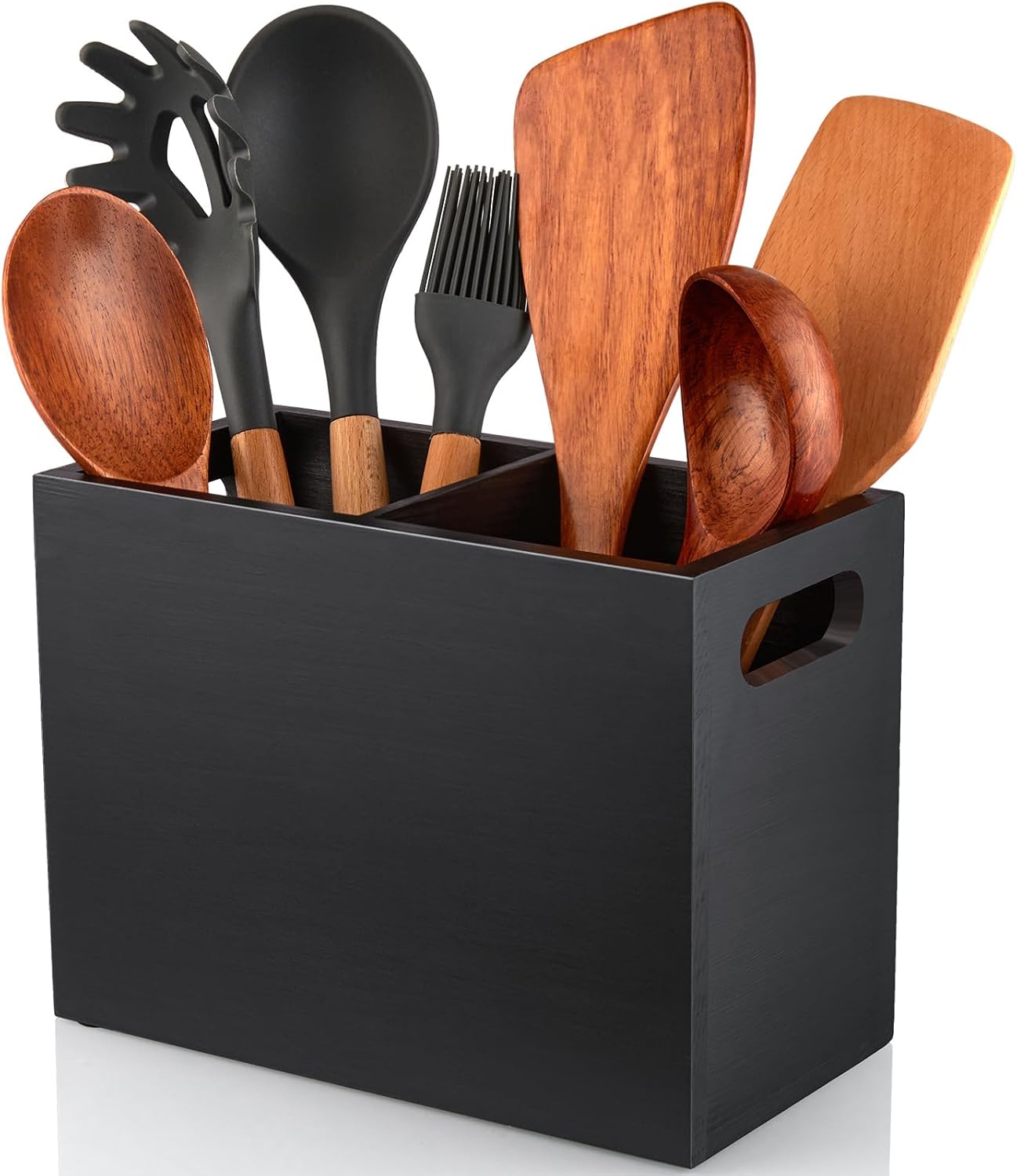 Black Kitchen Utensil Holder for Countertop - Wooden Large Utensil Caddy Organizer for Counter - 3 Compartment Cooking Utensil Crock for Silverware Spoon Spatula