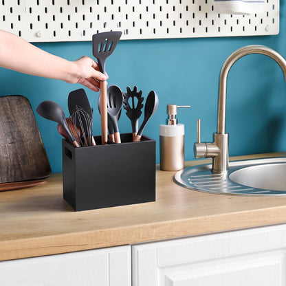 Black Kitchen Utensil Holder for Countertop - Wooden Large Utensil Caddy Organizer for Counter - 3 Compartment Cooking Utensil Crock for Silverware Spoon Spatula