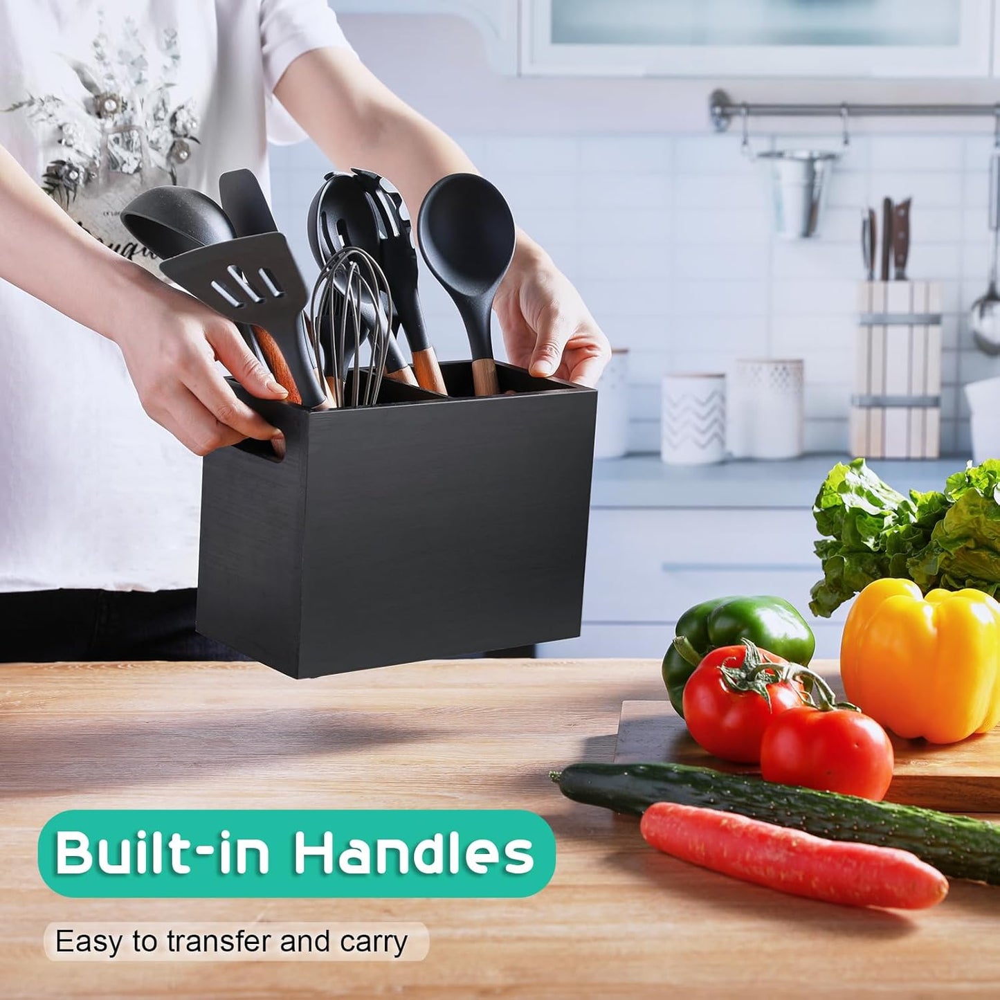 Black Kitchen Utensil Holder for Countertop - Wooden Large Utensil Caddy Organizer for Counter - 3 Compartment Cooking Utensil Crock for Silverware Spoon Spatula