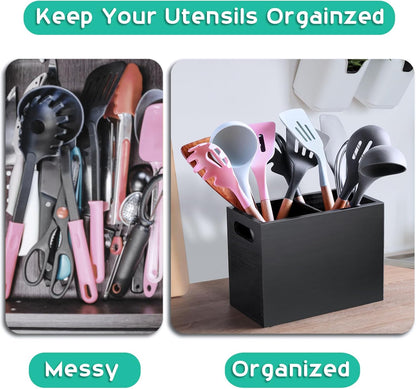 Black Kitchen Utensil Holder for Countertop - Wooden Large Utensil Caddy Organizer for Counter - 3 Compartment Cooking Utensil Crock for Silverware Spoon Spatula