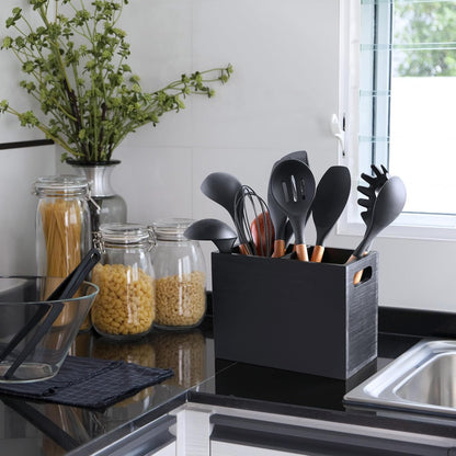 Black Kitchen Utensil Holder for Countertop - Wooden Large Utensil Caddy Organizer for Counter - 3 Compartment Cooking Utensil Crock for Silverware Spoon Spatula