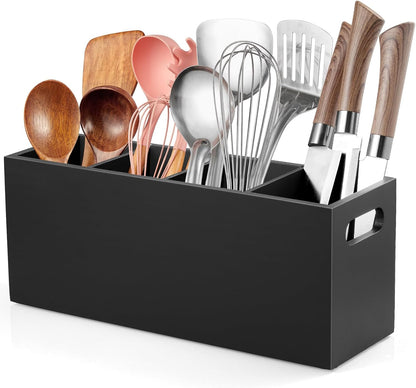 Black Kitchen Utensil Holder for Countertop - Wooden Large Utensil Caddy Organizer for Counter - 3 Compartment Cooking Utensil Crock for Silverware Spoon Spatula