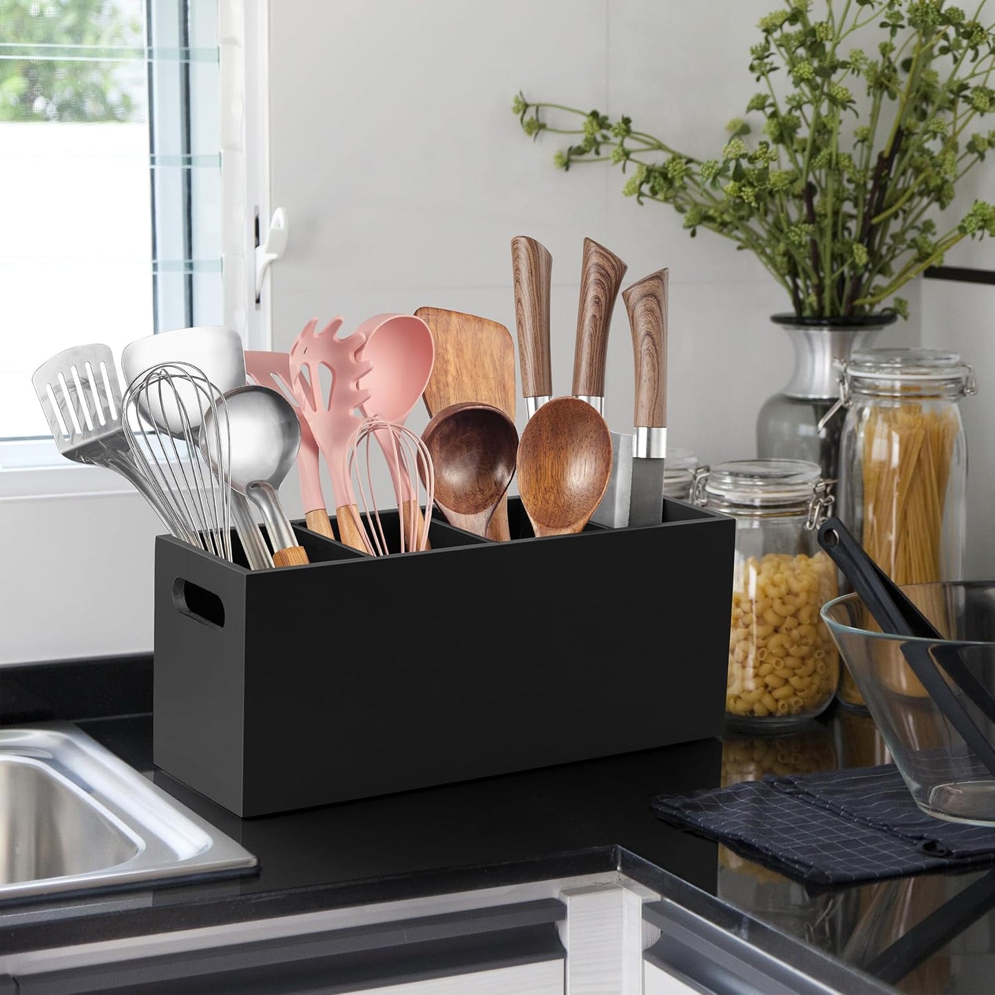 Black Kitchen Utensil Holder for Countertop - Wooden Large Utensil Caddy Organizer for Counter - 3 Compartment Cooking Utensil Crock for Silverware Spoon Spatula