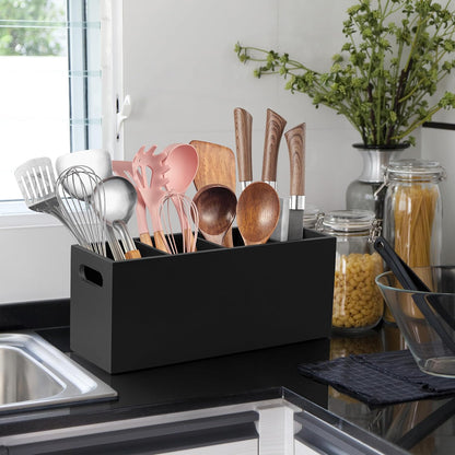Black Kitchen Utensil Holder for Countertop - Wooden Large Utensil Caddy Organizer for Counter - 3 Compartment Cooking Utensil Crock for Silverware Spoon Spatula