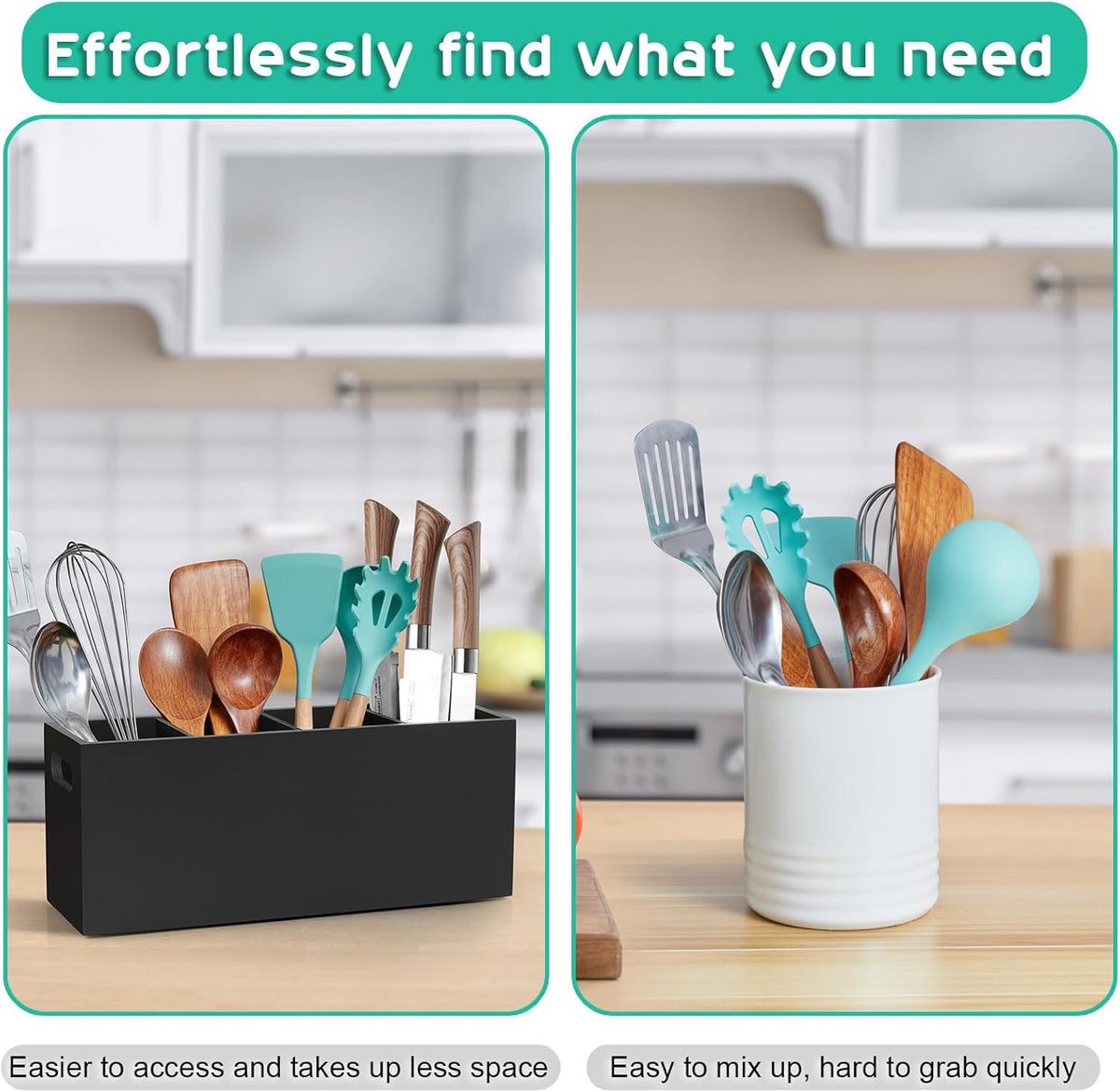 Black Kitchen Utensil Holder for Countertop - Wooden Large Utensil Caddy Organizer for Counter - 3 Compartment Cooking Utensil Crock for Silverware Spoon Spatula