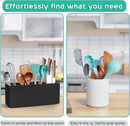 Black Kitchen Utensil Holder for Countertop - Wooden Large Utensil Caddy Organizer for Counter - 3 Compartment Cooking Utensil Crock for Silverware Spoon Spatula