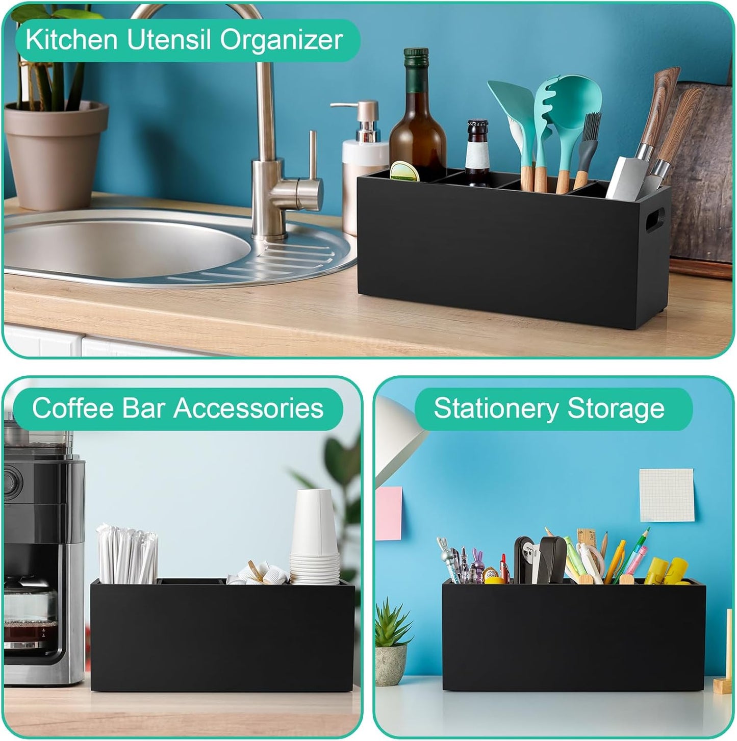 Black Kitchen Utensil Holder for Countertop - Wooden Large Utensil Caddy Organizer for Counter - 3 Compartment Cooking Utensil Crock for Silverware Spoon Spatula