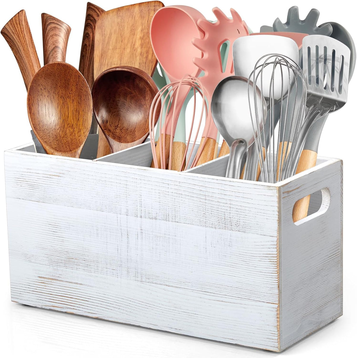 Black Kitchen Utensil Holder for Countertop - Wooden Large Utensil Caddy Organizer for Counter - 3 Compartment Cooking Utensil Crock for Silverware Spoon Spatula