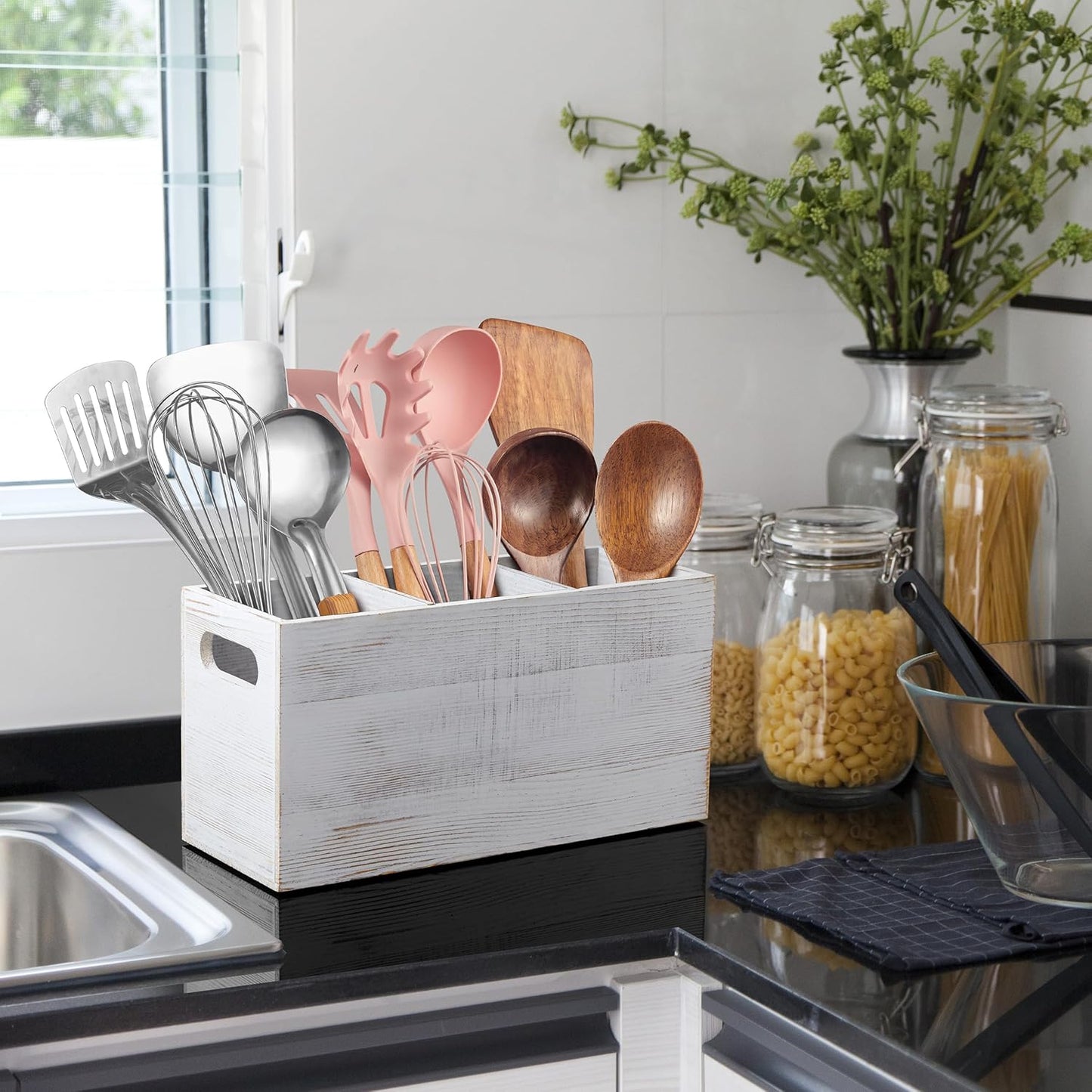 Black Kitchen Utensil Holder for Countertop - Wooden Large Utensil Caddy Organizer for Counter - 3 Compartment Cooking Utensil Crock for Silverware Spoon Spatula