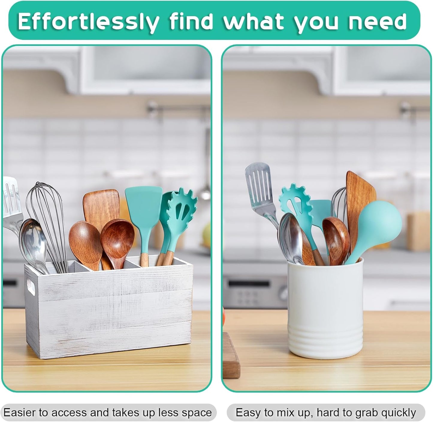 Black Kitchen Utensil Holder for Countertop - Wooden Large Utensil Caddy Organizer for Counter - 3 Compartment Cooking Utensil Crock for Silverware Spoon Spatula