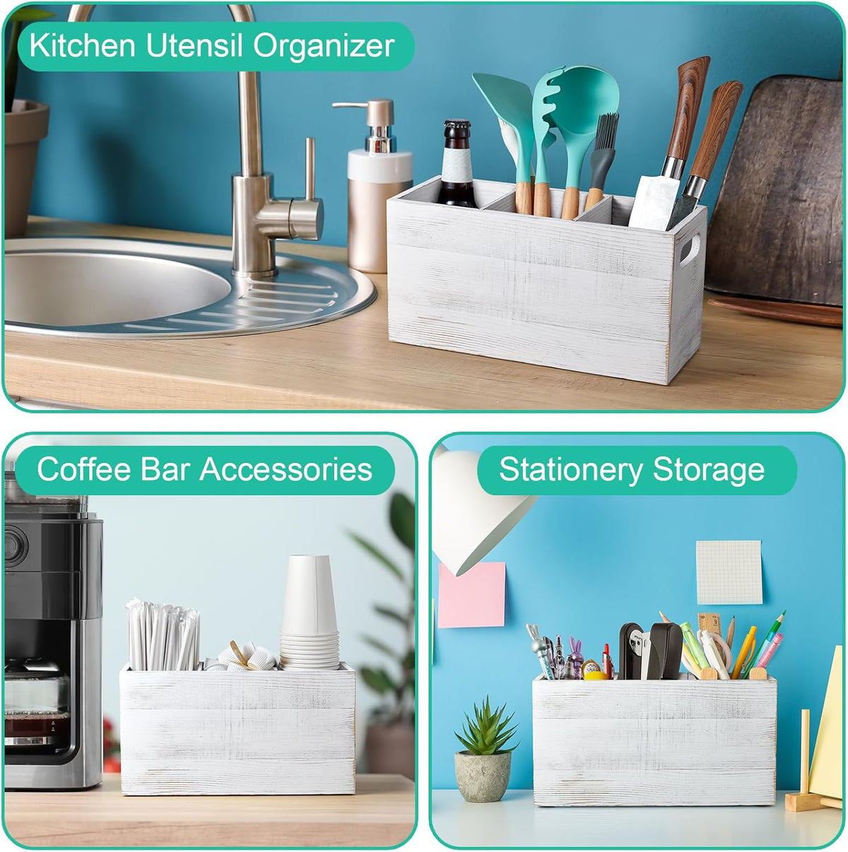 Black Kitchen Utensil Holder for Countertop - Wooden Large Utensil Caddy Organizer for Counter - 3 Compartment Cooking Utensil Crock for Silverware Spoon Spatula